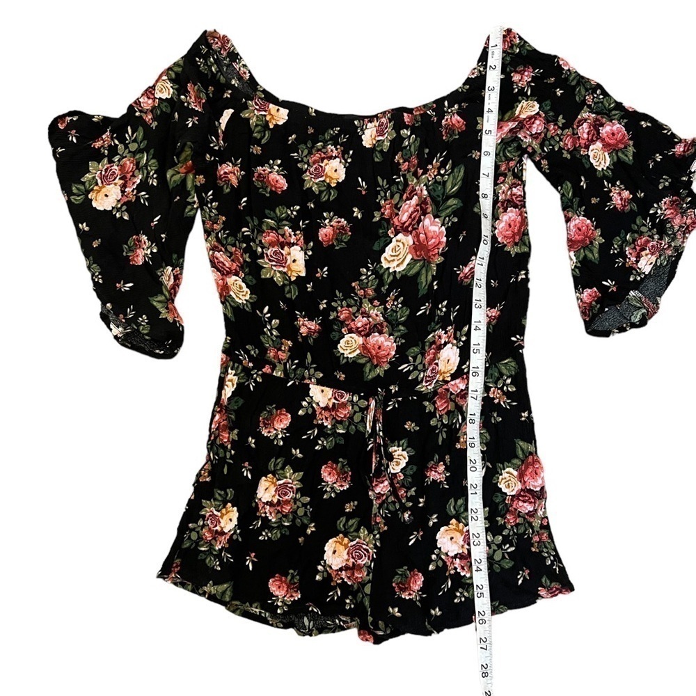 Black Floral Print Off the Shoulder Drawstring Waist Short Romper M - Picture 7 of 10